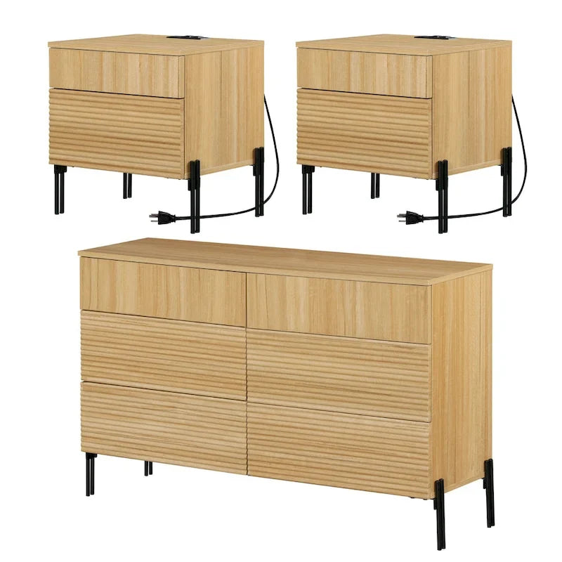 Set Camera da Letto Scanalato in Rovere 3 Pezzi – Cassettiera a 6 Cassetti e 2 Comodini (per 1–2 Persone)