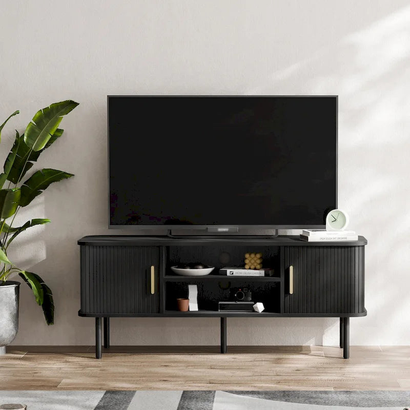 Mobile TV con ante scorrevoli a serrandina, colore nero/marrone, larghezza 120 o 150 cm, per TV fino a 55", montaggio 1-2 persone