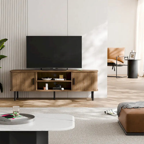 Mobile TV con ante scorrevoli a serrandina, colore nero/marrone, larghezza 120 o 150 cm, per TV fino a 55", montaggio 1-2 persone