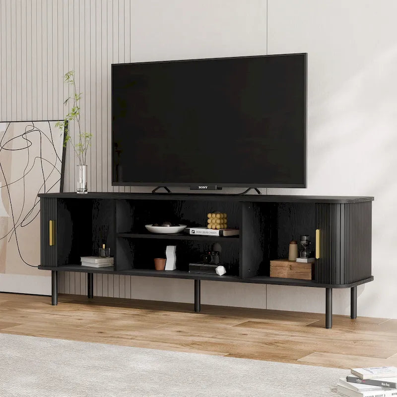 Mobile TV con ante scorrevoli a serrandina, colore nero/marrone, larghezza 120 o 150 cm, per TV fino a 55", montaggio 1-2 persone
