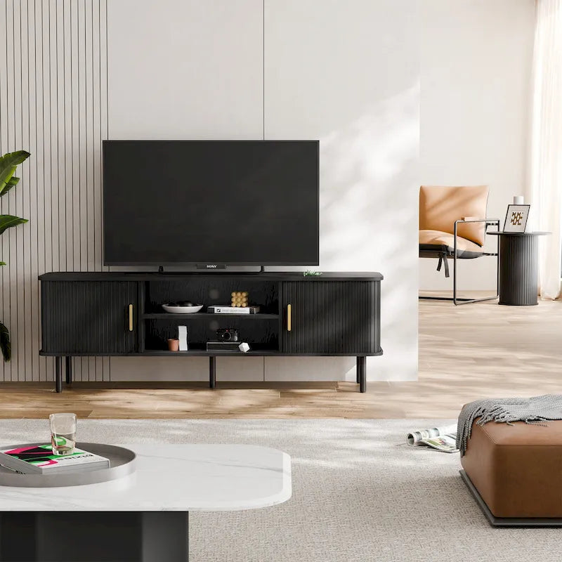 Mobile TV con ante scorrevoli a serrandina, colore nero/marrone, larghezza 120 o 150 cm, per TV fino a 55", montaggio 1-2 persone