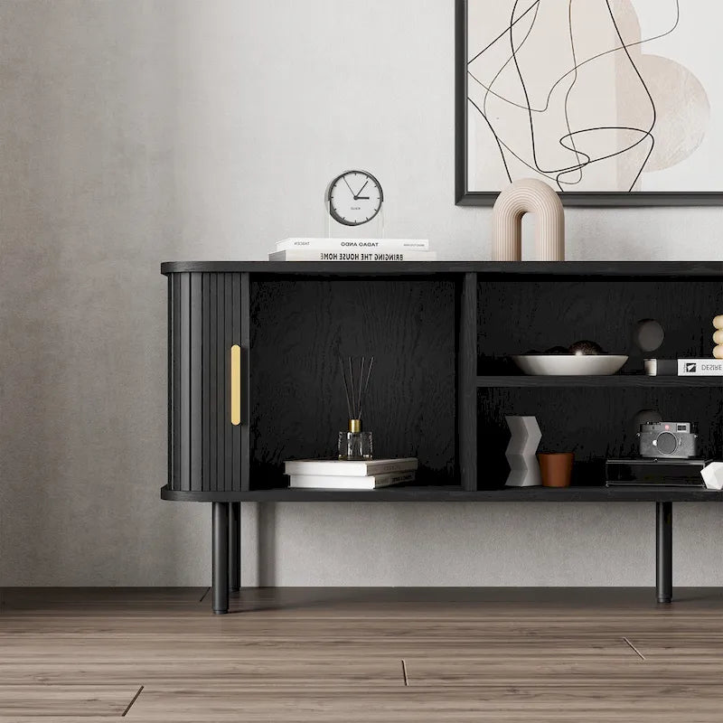 Mobile TV con ante scorrevoli a serrandina, colore nero/marrone, larghezza 120 o 150 cm, per TV fino a 55", montaggio 1-2 persone