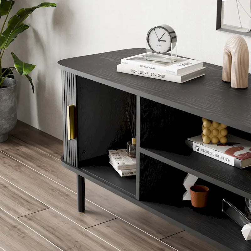Mobile TV con ante scorrevoli a serrandina, colore nero/marrone, larghezza 120 o 150 cm, per TV fino a 55", montaggio 1-2 persone