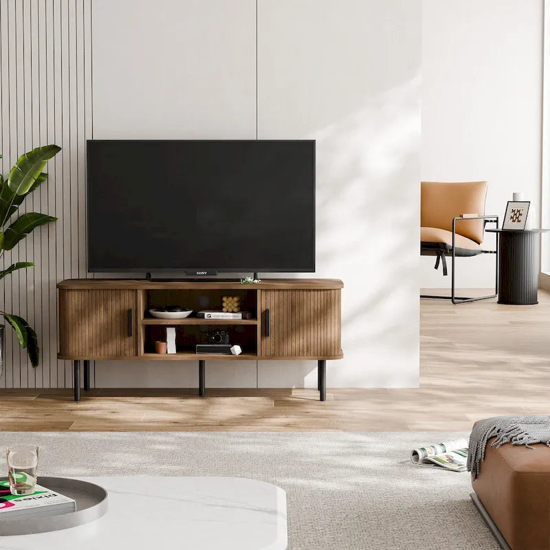 Mobile TV con ante scorrevoli a serrandina, colore nero/marrone, larghezza 120 o 150 cm, per TV fino a 55", montaggio 1-2 persone