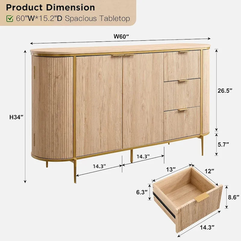 60  Modern Fluted Buffet Cabinet, Buffet Table, Coffee/Wine Bar