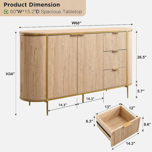 60  Modern Fluted Buffet Cabinet, Buffet Table, Coffee/Wine Bar