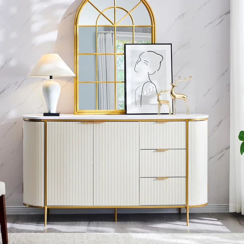 Credenza/Buffet scanalata da 60" – Rovere Naturale / Blu Navy / Bianco Sporco, 3 Cassetti e Ante