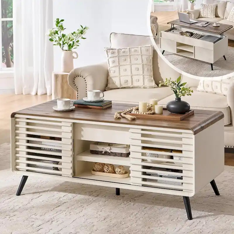 Tavolino da Caffè Sollevabile Anticato Bianco / Rovere Naturale, Stile Mid-Century, 1–2 Persone