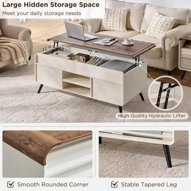 Tavolino da Caffè Sollevabile Anticato Bianco / Rovere Naturale, Stile Mid-Century, 1–2 Persone
