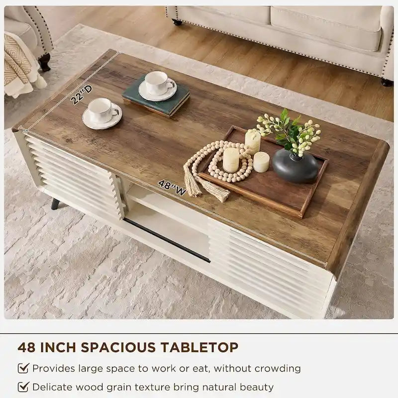 Tavolino da Caffè Sollevabile Anticato Bianco / Rovere Naturale, Stile Mid-Century, 1–2 Persone