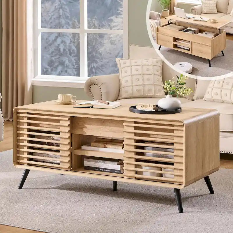 Tavolino da Caffè Sollevabile Anticato Bianco / Rovere Naturale, Stile Mid-Century, 1–2 Persone