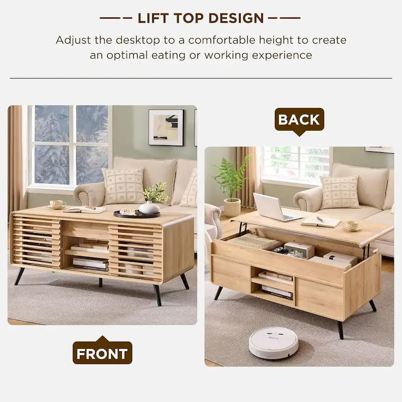 Tavolino da Caffè Sollevabile Anticato Bianco / Rovere Naturale, Stile Mid-Century, 1–2 Persone