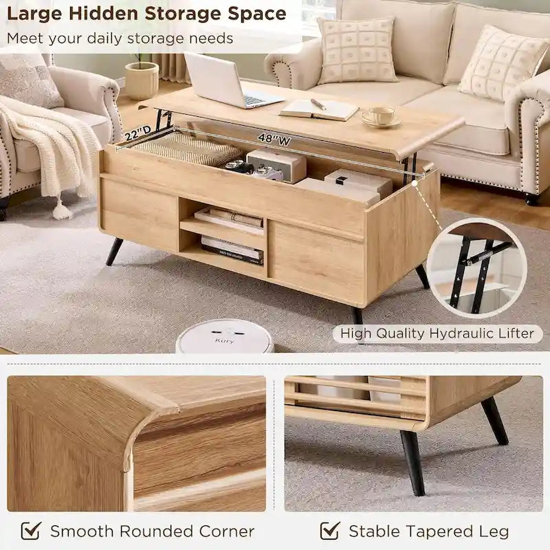 Tavolino da Caffè Sollevabile Anticato Bianco / Rovere Naturale, Stile Mid-Century, 1–2 Persone
