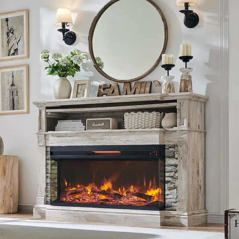 Mobile TV con caminetto elettrico in rovere naturale/bianco/rovere scuro, con vetro su tre lati, adatto per TV fino a 65"