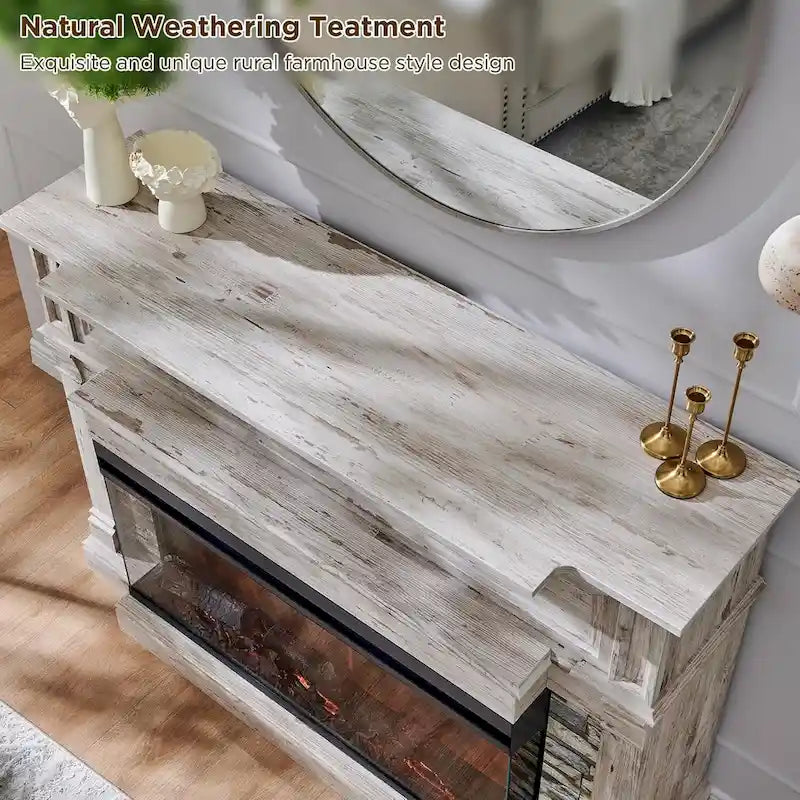Mobile TV con caminetto elettrico in rovere naturale/bianco/rovere scuro, con vetro su tre lati, adatto per TV fino a 65"