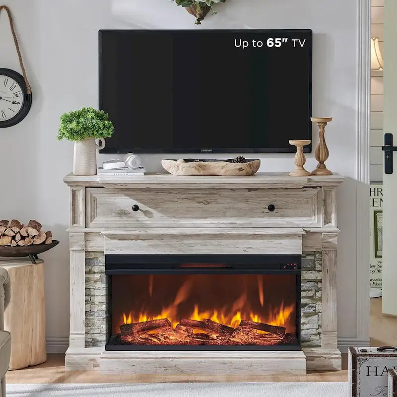Mobile TV con caminetto elettrico in rovere naturale/bianco/rovere scuro, con vetro su tre lati, adatto per TV fino a 65"