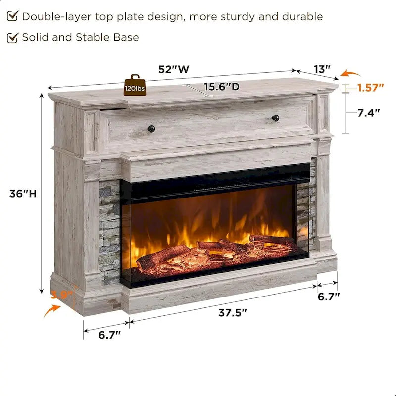 Mobile TV con caminetto elettrico in rovere naturale/bianco/rovere scuro, con vetro su tre lati, adatto per TV fino a 65"