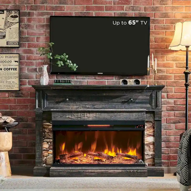 Mobile TV con caminetto elettrico in rovere naturale/bianco/rovere scuro, con vetro su tre lati, adatto per TV fino a 65"