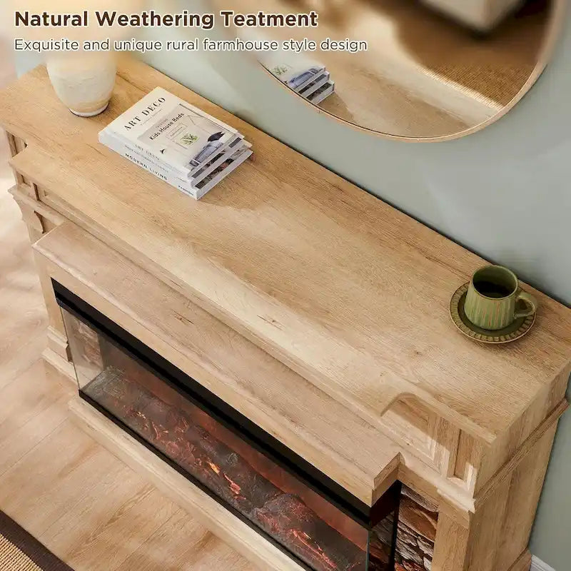 Mobile TV con caminetto elettrico in rovere naturale/bianco/rovere scuro, con vetro su tre lati, adatto per TV fino a 65"