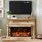 Mobile TV con caminetto elettrico in rovere naturale/bianco/rovere scuro, con vetro su tre lati, adatto per TV fino a 65"