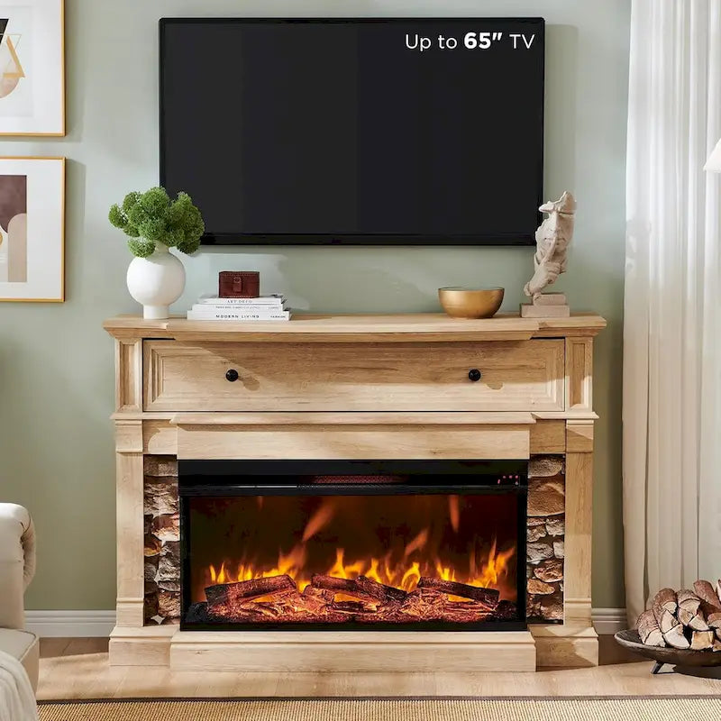 Mobile TV con caminetto elettrico in rovere naturale/bianco/rovere scuro, con vetro su tre lati, adatto per TV fino a 65"