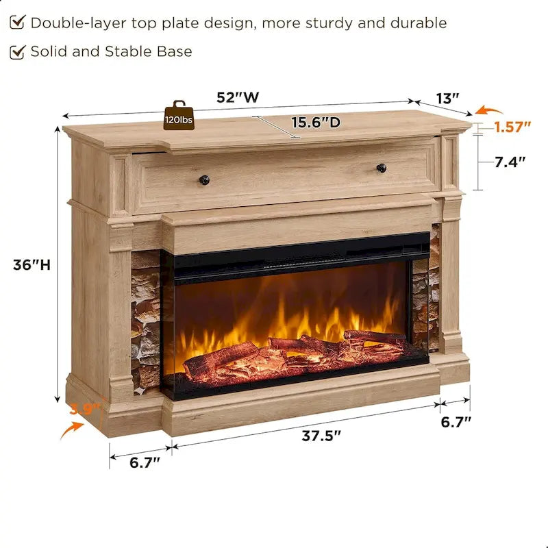 Mobile TV con caminetto elettrico in rovere naturale/bianco/rovere scuro, con vetro su tre lati, adatto per TV fino a 65"