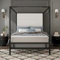 Letto a baldacchino in metallo nero, bianco e oro, testiera in lino, 4 colonne, King/Queen, 2 persone