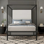 Letto a baldacchino in metallo nero, bianco e oro, testiera in lino, 4 colonne, King/Queen, 2 persone