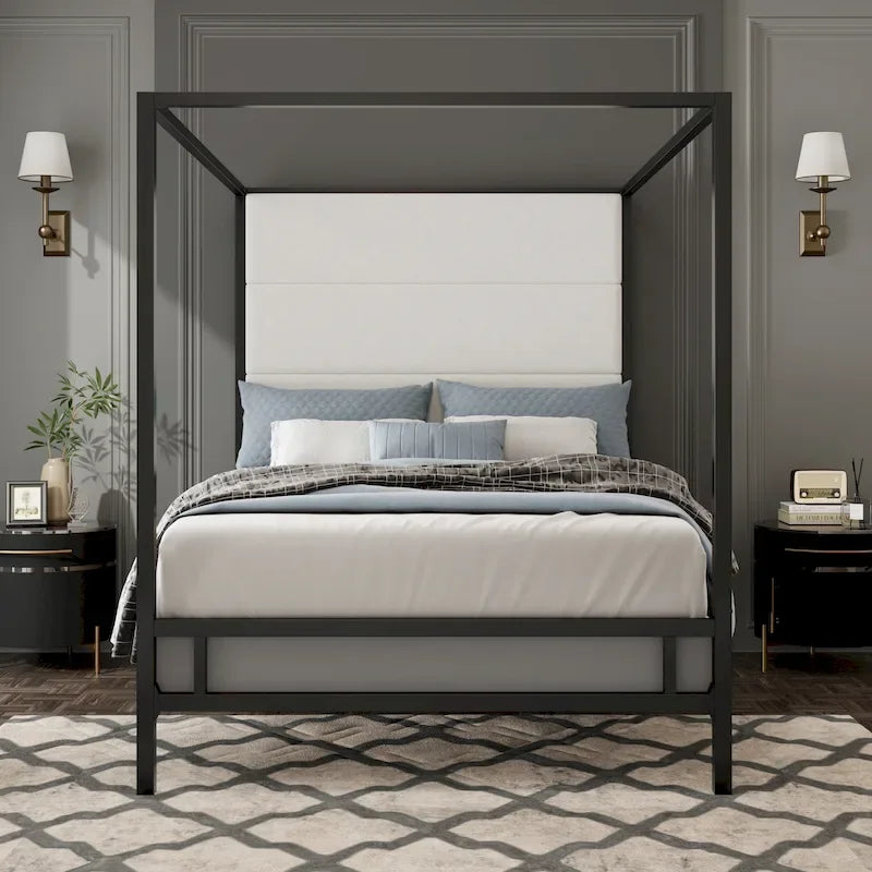 Letto a baldacchino in metallo nero, bianco e oro, testiera in lino, 4 colonne, King/Queen, 2 persone