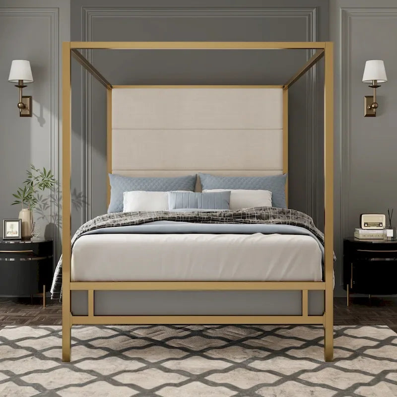 Letto a baldacchino in metallo nero, bianco e oro, testiera in lino, 4 colonne, King/Queen, 2 persone