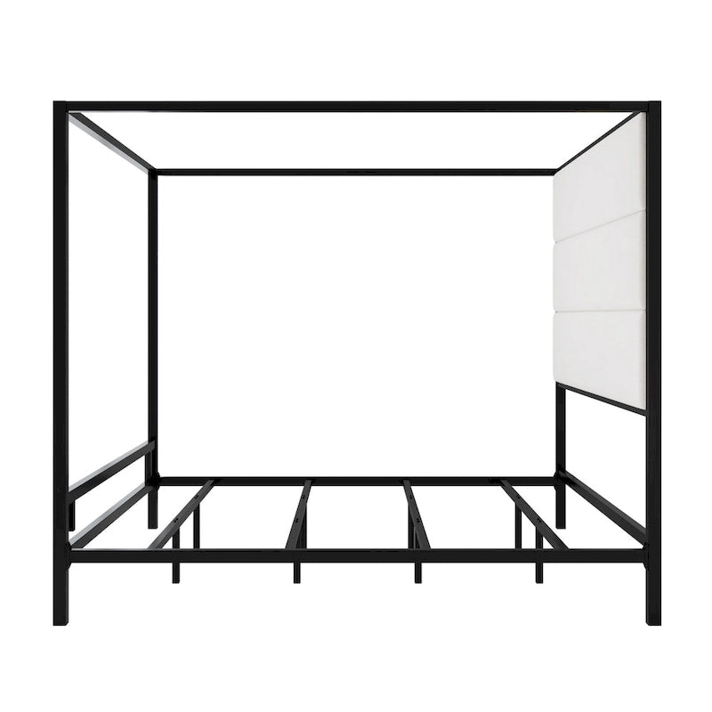 Letto a baldacchino in metallo nero, bianco e oro, testiera in lino, 4 colonne, King/Queen, 2 persone