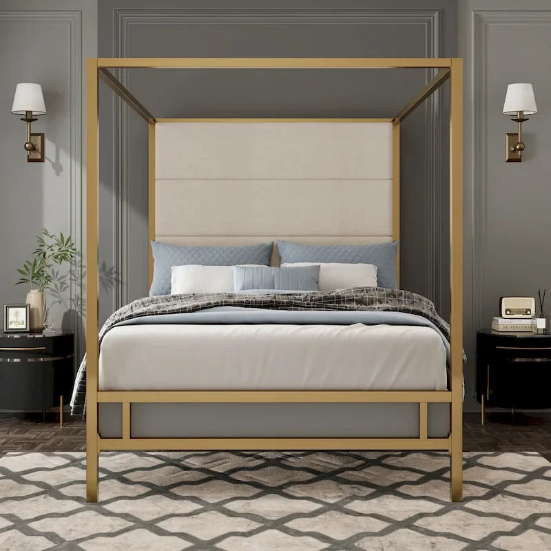 Letto a baldacchino in metallo nero, bianco e oro, testiera in lino, 4 colonne, King/Queen, 2 persone