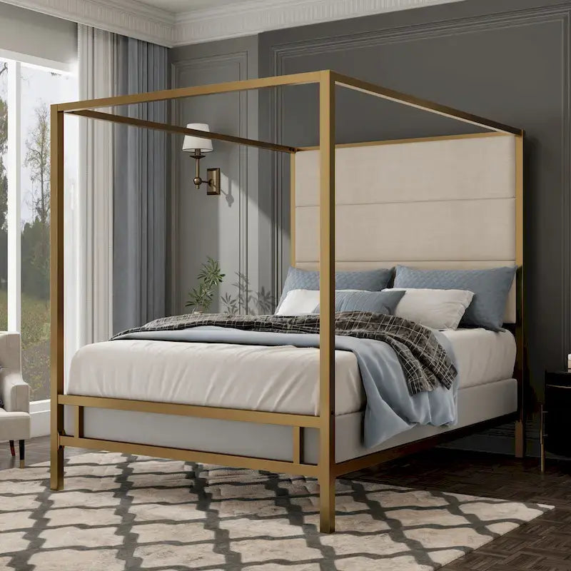 Letto a baldacchino in metallo nero, bianco e oro, testiera in lino, 4 colonne, King/Queen, 2 persone