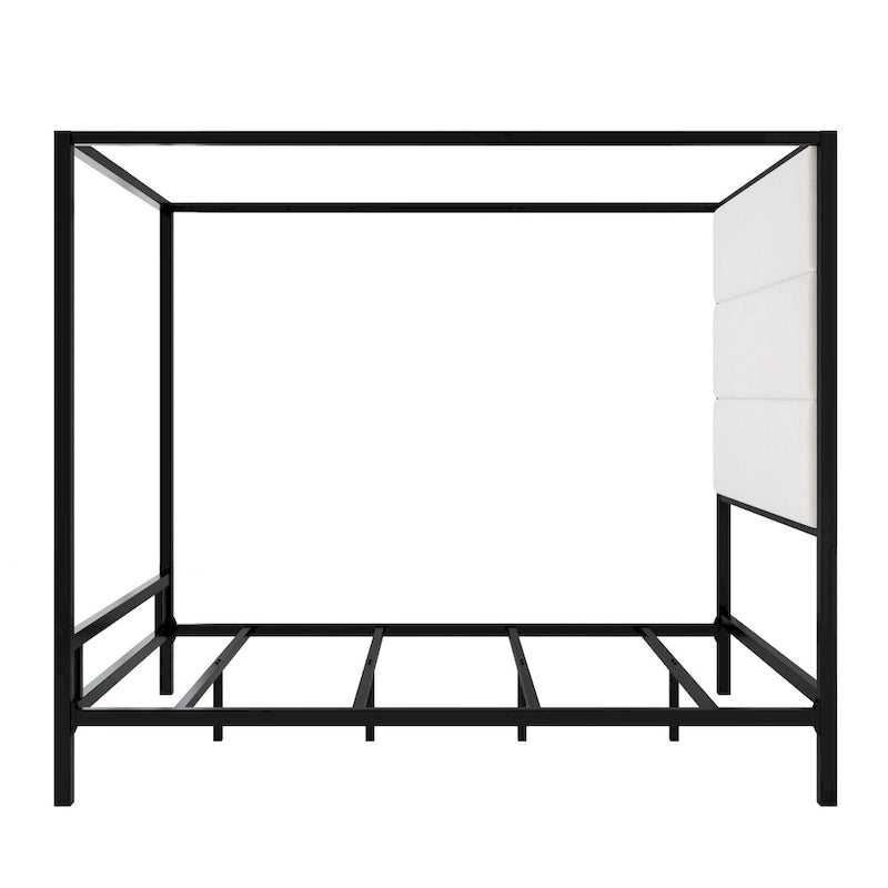 Letto a baldacchino in metallo nero, bianco e oro, testiera in lino, 4 colonne, King/Queen, 2 persone