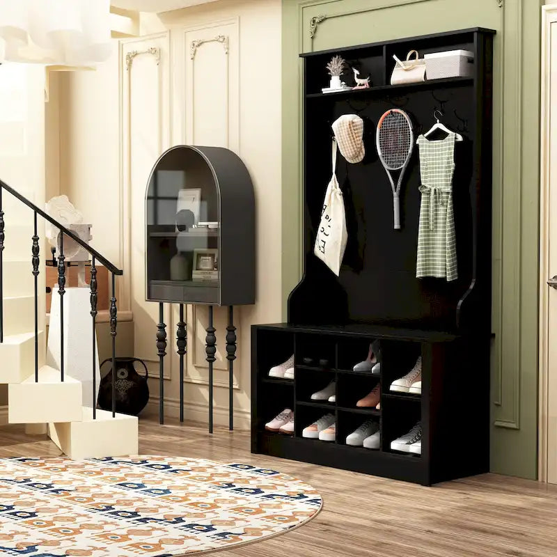 Albero da ingresso 4 in 1, appendiabiti e panca portascarpe, singolo, bianco/marrone/grigio/nero