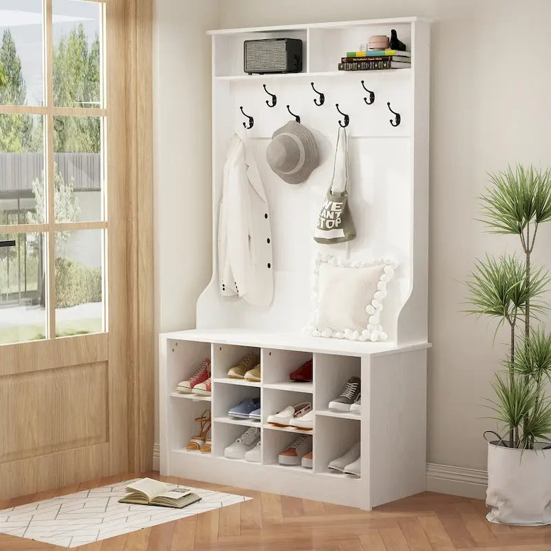 Albero da ingresso 4 in 1, appendiabiti e panca portascarpe, singolo, bianco/marrone/grigio/nero
