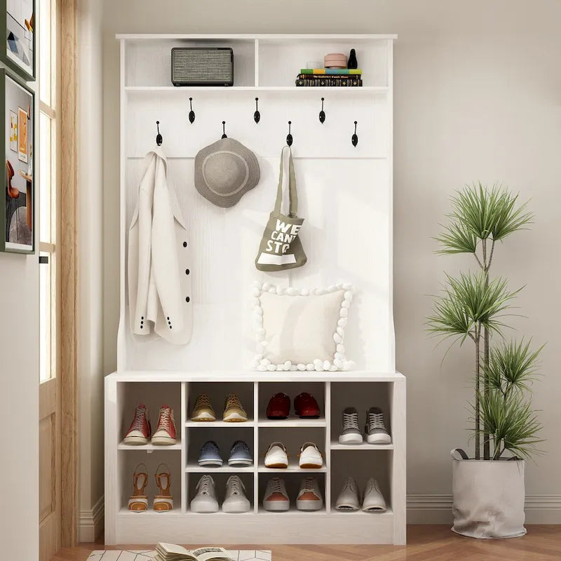 Albero da ingresso 4 in 1, appendiabiti e panca portascarpe, singolo, bianco/marrone/grigio/nero