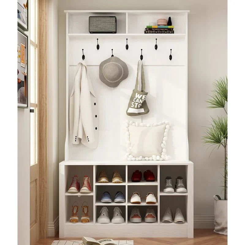 Albero da ingresso 4 in 1, appendiabiti e panca portascarpe, singolo, bianco/marrone/grigio/nero