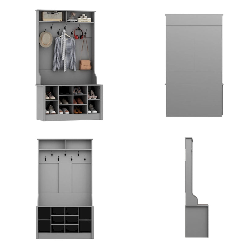 Albero da ingresso 4 in 1, appendiabiti e panca portascarpe, singolo, bianco/marrone/grigio/nero
