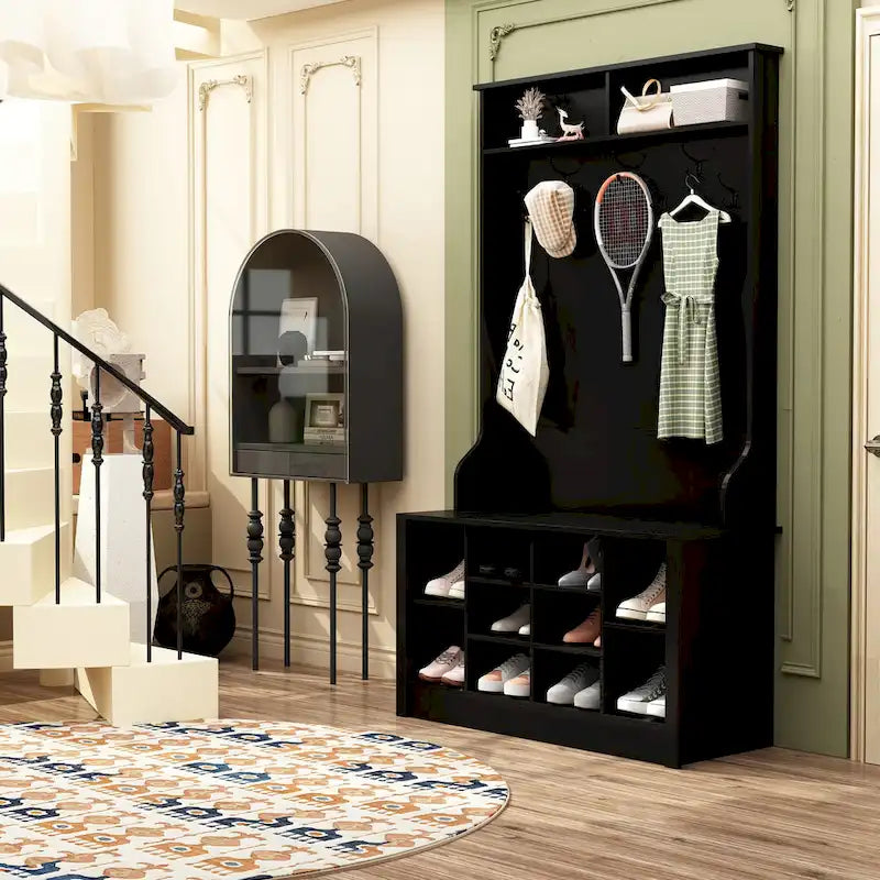 Albero da ingresso 4 in 1, appendiabiti e panca portascarpe, singolo, bianco/marrone/grigio/nero