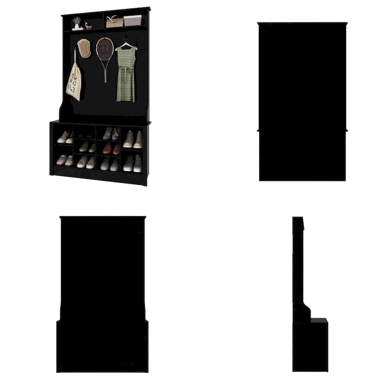 Albero da ingresso 4 in 1, appendiabiti e panca portascarpe, singolo, bianco/marrone/grigio/nero