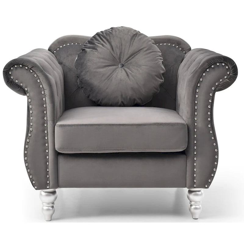 Hollywood Chesterfield Tufted Velvet Accent Chair with Round Throw Pillow - 39 L x 35 W x 34 H