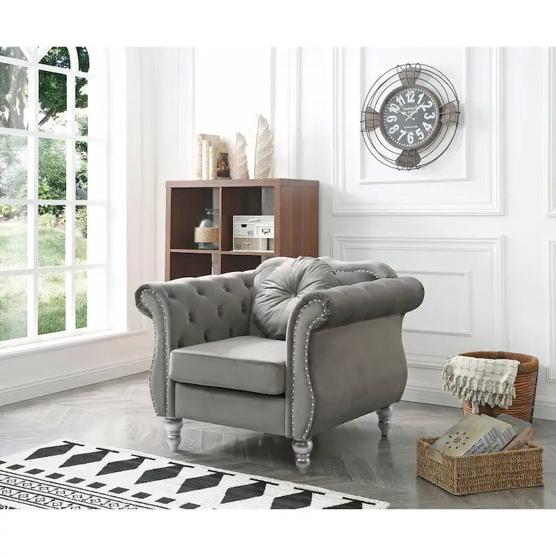 Poltrona accent tufted con braccioli svasati in velluto blu navy / bordeaux / verde / grigio scuro, monoposto – 99 cm L x 89 cm P x 86 cm A