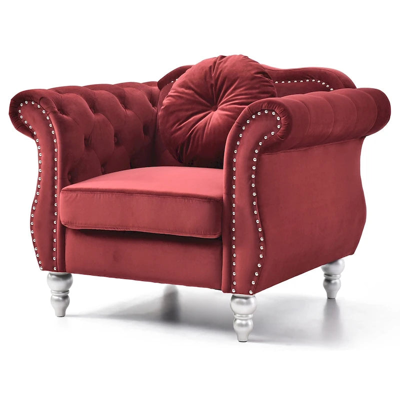 Poltrona accent tufted con braccioli svasati in velluto blu navy / bordeaux / verde / grigio scuro, monoposto – 99 cm L x 89 cm P x 86 cm A