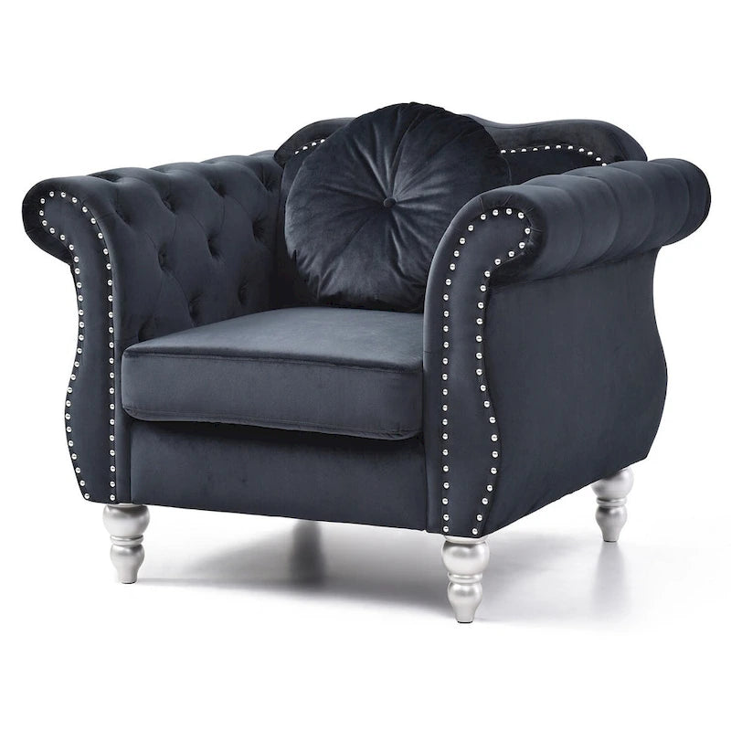 Poltrona accent tufted con braccioli svasati in velluto blu navy / bordeaux / verde / grigio scuro, monoposto – 99 cm L x 89 cm P x 86 cm A
