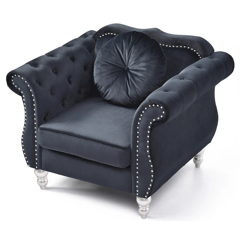 Poltrona accent tufted con braccioli svasati in velluto blu navy / bordeaux / verde / grigio scuro, monoposto – 99 cm L x 89 cm P x 86 cm A