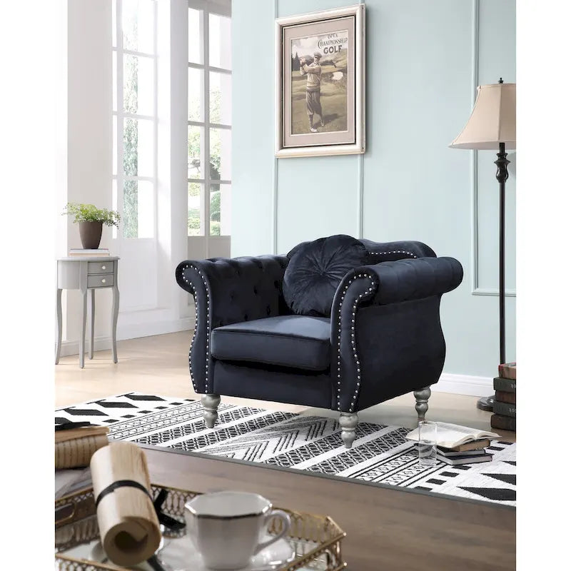 Poltrona accent tufted con braccioli svasati in velluto blu navy / bordeaux / verde / grigio scuro, monoposto – 99 cm L x 89 cm P x 86 cm A