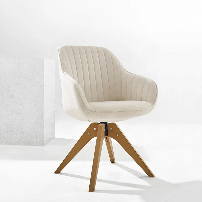 Poltrona girevole in tessuto beige con gambe in legno, singola