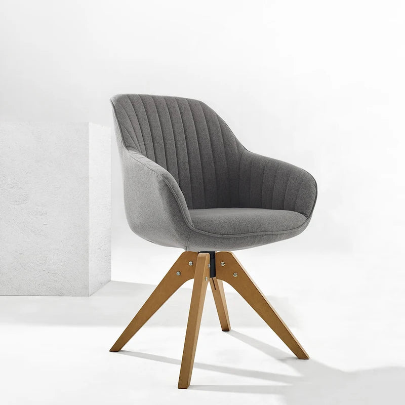 Poltrona girevole in tessuto beige con gambe in legno, singola