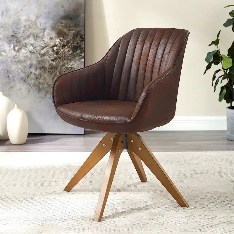 Poltrona girevole in tessuto beige con gambe in legno, singola